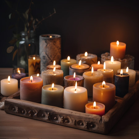 Burning candles in a wooden tray on a dark background. Toned.の素材