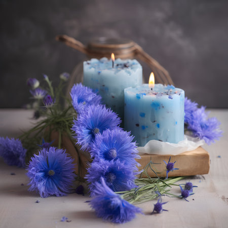 Spa still life with blue cornflowers and candles on wooden backgroundの素材
