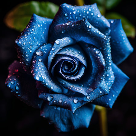 Beautiful dark blue rose with dew drops on petals.の素材