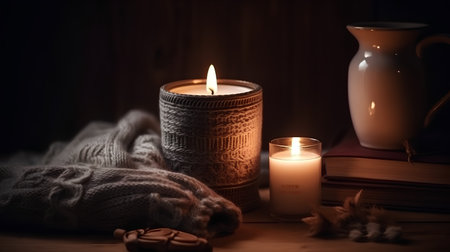Cozy still life with burning candles, books and knitted scarf on wooden backgroundの素材