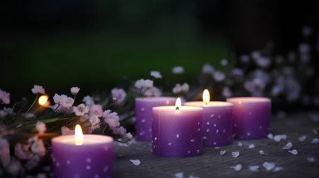 Candles with flowers on a wooden table in the evening garden.の素材