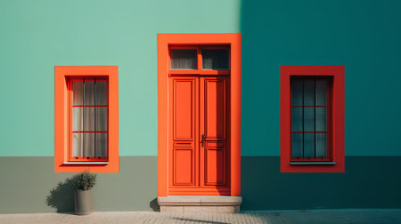 3d render of two windows with orange and green wall background.の素材