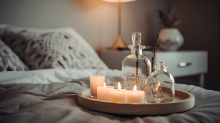 Romantic still life with burning candles on a tray in the bedroomの素材