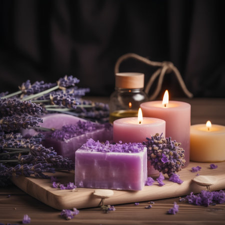 Spa still life with lavender, candles and soap on wooden backgroundの素材