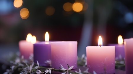 Candles and flowers on a dark background with bokeh.の素材