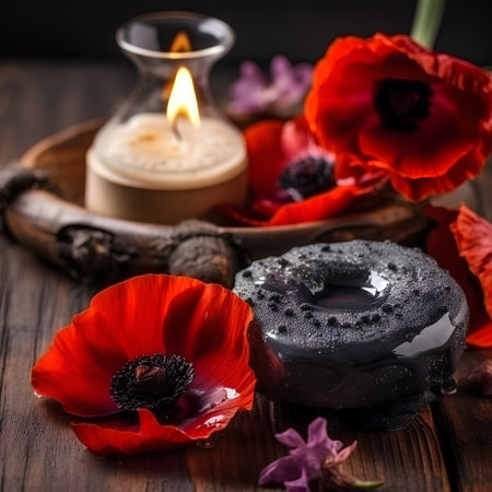 Spa still life with red poppies and candle on wooden backgroundの素材