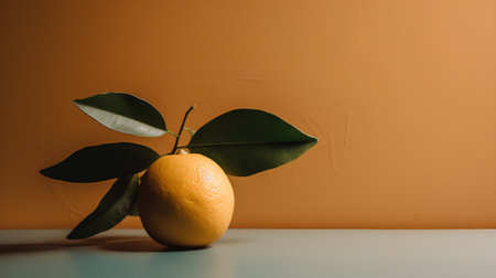 Ripe orange with green leaves on a yellow background. Copy space.の素材