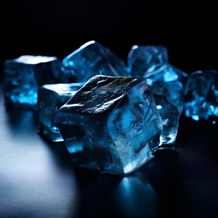 Ice cubes on black background. Shallow depth of field. Toned.の素材