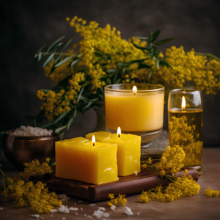 Yellow candles with mimosa flowers on a wooden background. Selective focus.の素材