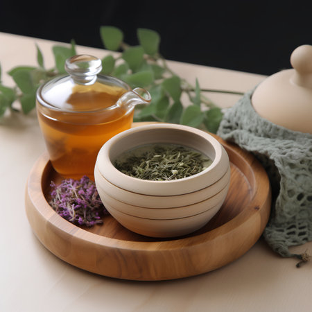 Herbal tea in a wooden bowl and a teapot on a wooden tableの素材