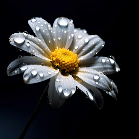 Beautiful daisy flower with dew drops on a black backgroundの素材