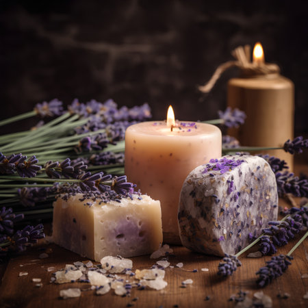 Spa still life with lavender soap and candles on wooden backgroundの素材