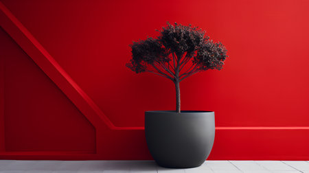 Black vase with a tree on a red wall. 3d renderingの素材