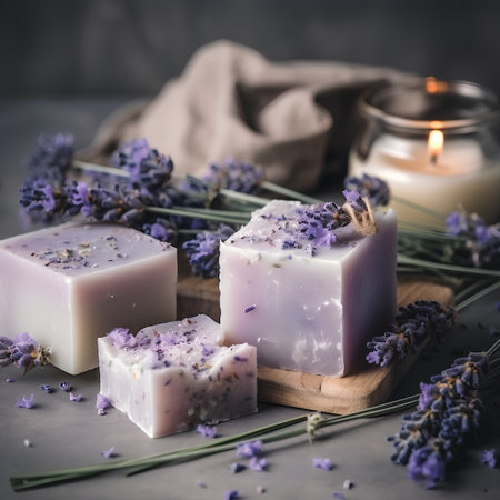 Lavender soap with dried lavender flowers on a wooden tableの素材