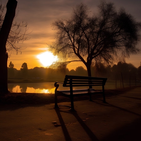 Bench in the park at sunset, silhouetted by a treeの素材