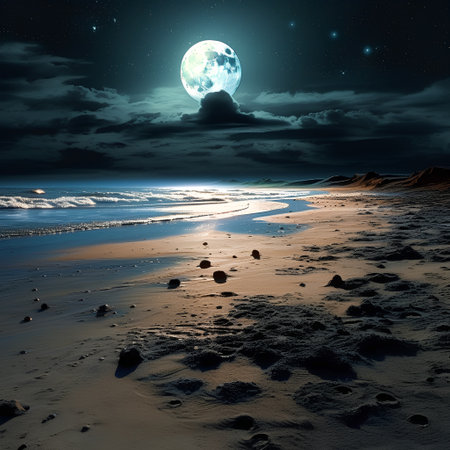 Full moon in the night sky over the sea. 3d renderingの素材