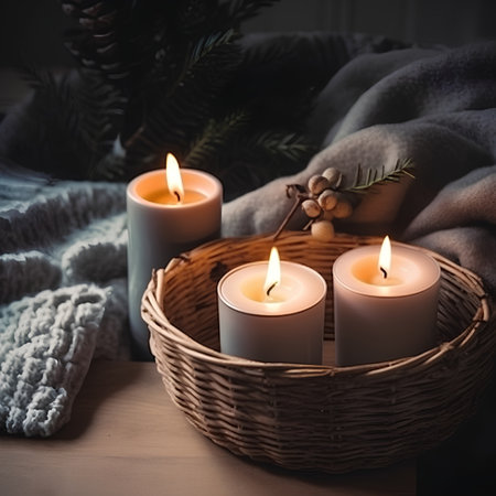 Christmas still life with burning candles in wicker basket, knitted plaid and fir branch on wooden backgroundの素材