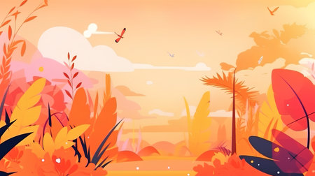 Tropical background with palm trees and birds. Vector illustration.の素材