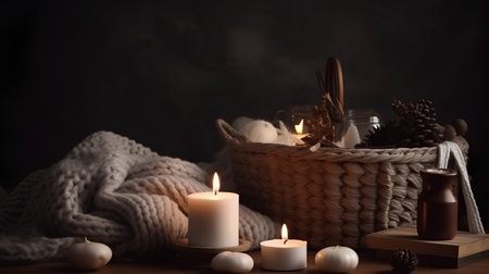 Composition with candles, knitted plaid and wicker basketの素材