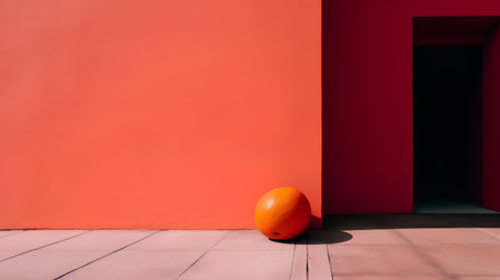 Orange and red wall with an orange fruit in the foreground, 3d renderの素材