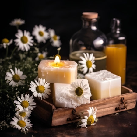 Spa still life with chamomile flowers, candle and soapの素材