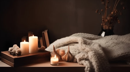 Cozy home interior with warm knitted plaid, burning candles and booksの素材