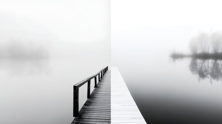 Wooden pier on a misty lake. Black and white image.の素材