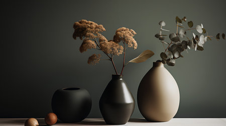 Black and brown vases with dried flowers and eucalyptus branches on a dark background. 3d renderの素材