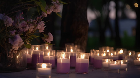 Candles in a cemetery at night with flowers and trees in the backgroundの素材