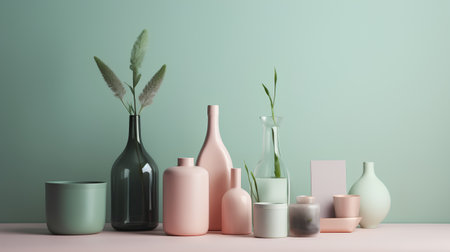 3d render of vases and bottles on pastel background.の素材