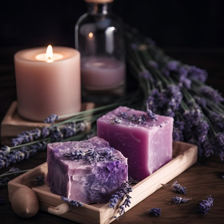 Spa still life with lavender soap and candles on wooden backgroundの素材