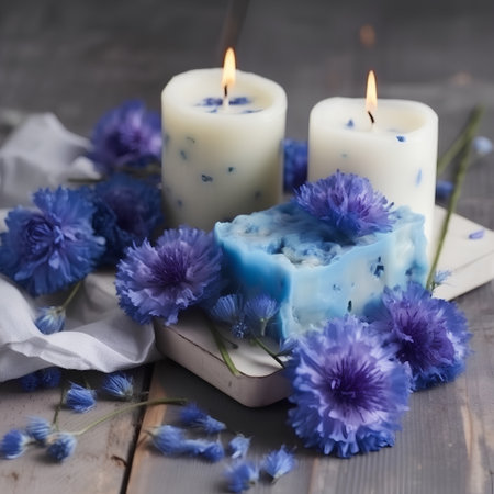 Blue cornflowers and candles on a wooden background, selective focusの素材