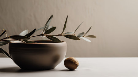 Eucalyptus branch in a ceramic pot on a white table.の素材