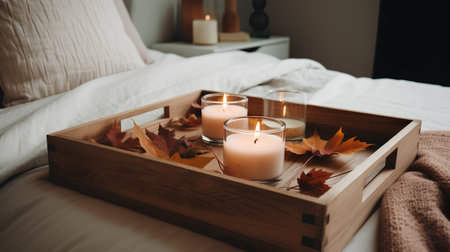 Wooden tray with burning candles and autumn leaves on bed in bedroomの素材