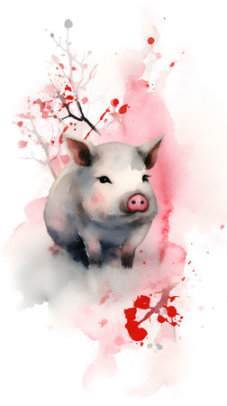 Watercolor painting of a pig on a watercolor background. Vector illustration.の素材
