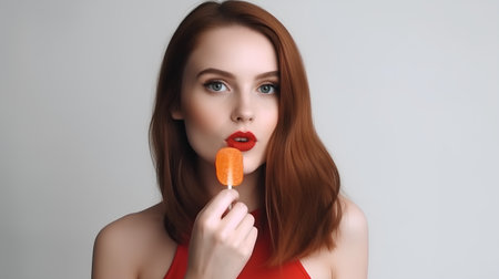 Beautiful young woman with orange lollipop on grey background.の素材