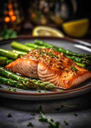 Grilled salmon with asparagus and lemon on a dark backgroundの素材