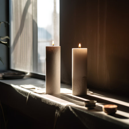Burning candles on a windowsill in the morning. Selective focus.の素材