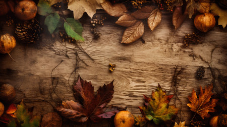 Autumn background with leaves and pumpkins on rustic wooden boardの素材