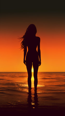 Silhouette of a sexy woman on the beach at sunset.の素材