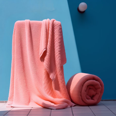 towel in front of blue wall in bathroom. 3d renderingの素材