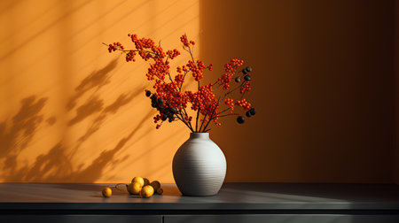 3d render of vase with rowan flowers on the table.の素材