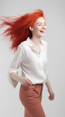 Portrait of beautiful young redhead woman with flying hair on gray backgroundの素材