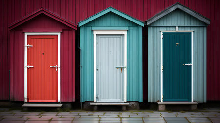 Row of colorful wooden beach huts on a street in Holland.の素材