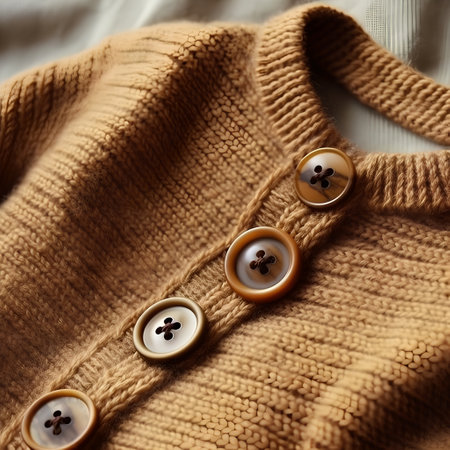 Close-up of buttons on beige knitted sweater with buttonsの素材