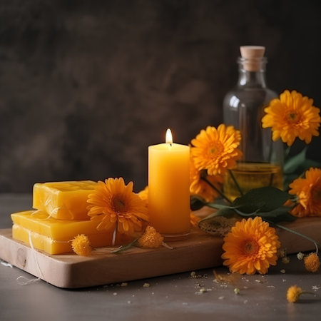 Spa still life with calendula flowers and soap, selective focusの素材