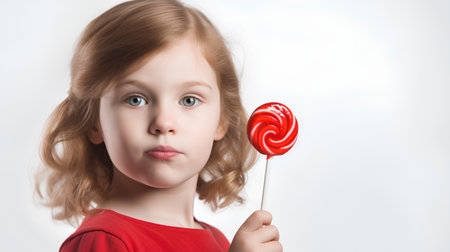 Little girl with a red lollipop on a white background.の素材