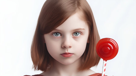 Little girl with red lollipop. Isolated on white background.の素材