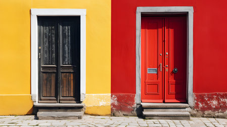 Red and yellow doors in the old town of Riga, Latviaの素材