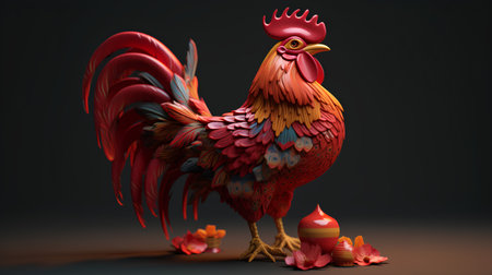 Red rooster on a dark background. 3d illustration. Copy space.の素材